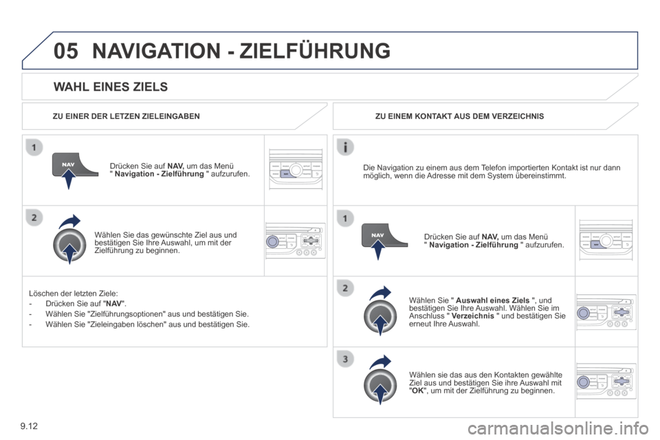 Peugeot Partner Tepee 2014  Betriebsanleitung (in German) 9.12
05
  WAHL  EINES  ZIELS 
 NAVIGATION - ZIELFÜHRUNG 
  ZU EINER DER LETZEN ZIELEINGABEN  
  Drücken Sie auf  N AV,  um das Menü "  Navigation - Zielführung   "  aufzurufen.  
  Wählen Sie das