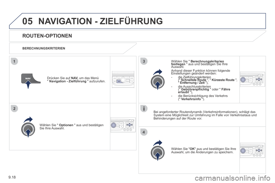 Peugeot Partner Tepee 2014  Betriebsanleitung (in German) 9.18
05 NAVIGATION - ZIELFÜHRUNG 
      ROUTEN-OPTIONEN 
  BERECHNUNGSKRITERIEN  
  Wählen Sie "  Optionen  " aus und bestätigen Sie  Ihre  Auswahl.  
  Wählen  Sie  " OK " aus und bestätigen Sie