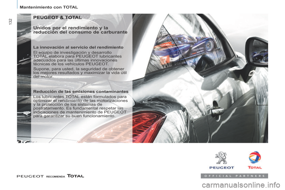 Peugeot Partner Tepee 2014  Manual del propietario (in Spanish)    Mantenimiento  con TOTAL   
132
 PEUGEOT & TOTAL 
  Unidos por el rendimiento y la 
reducción del consumo de carburante 
  La innovación al servicio del rendimiento 
 El equipo de investigación 