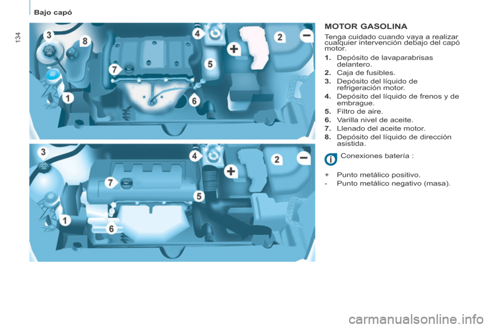 Peugeot Partner Tepee 2014  Manual del propietario (in Spanish)    Bajo  capó   
134
  MOTOR  GASOLINA 
    1.   Depósito de lavaparabrisas delantero. 
  2.   Caja de fusibles. 
  3.   Depósito del líquido de  refrigeración motor. 
  4.   Depósito del líqui
