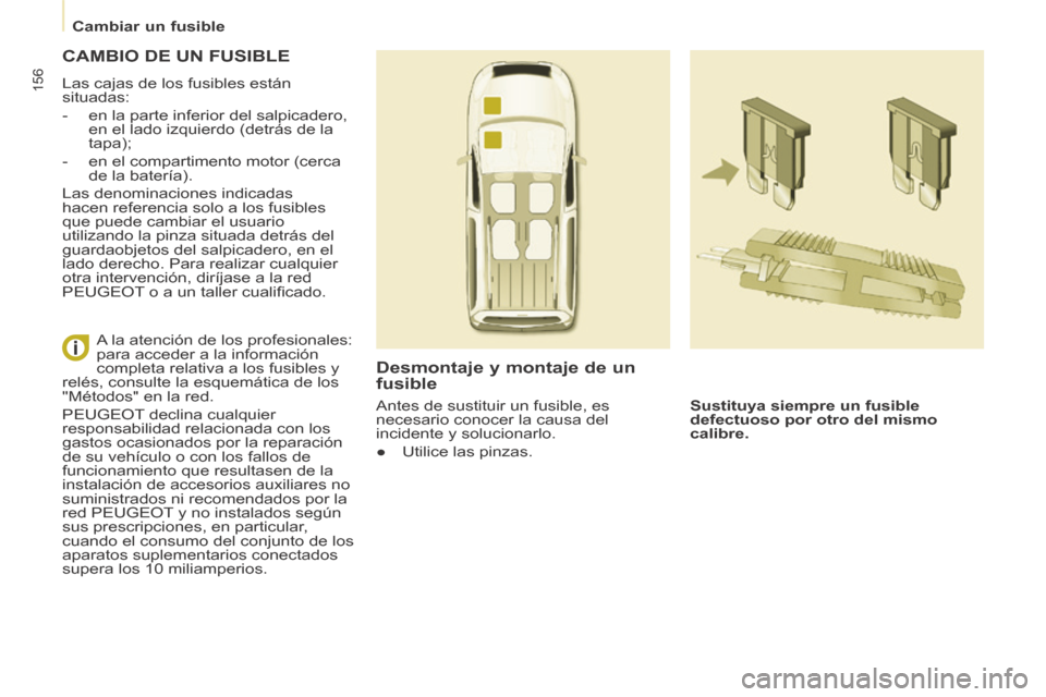 Peugeot Partner Tepee 2014  Manual del propietario (in Spanish)    Cambiar  un  fusible   
156
 CAMBIO DE UN FUSIBLE 
 Las cajas de los fusibles están 
situadas: 
   -   en la parte inferior del salpicadero, en el lado izquierdo (detrás de la 
tapa); 
  -   en e