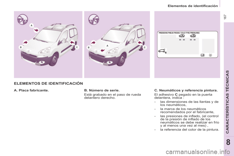 Peugeot Partner Tepee 2014  Manual del propietario (in Spanish)    Elementos  de  identificación   
 167
CARACTERÍSTICAS TÉCNICAS
8
 ELEMENTOS  DE  IDENTIFICACIÓN  
  A.  Placa  fabricante.    C. Neumáticos y referencia pintura. 
 El adhesivo  C  pegado en la