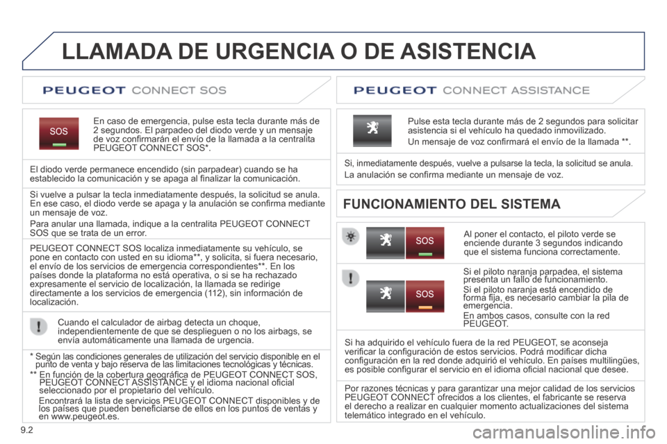 Peugeot Partner Tepee 2014  Manual del propietario (in Spanish) 9.2
           LLAMADA  DE  URGENCIA  O  DE  ASISTENCIA  
  En caso de emergencia, pulse esta tecla durante más de 2 segundos. El parpadeo del diodo verde y un mensaje de voz conﬁ rmarán el envío