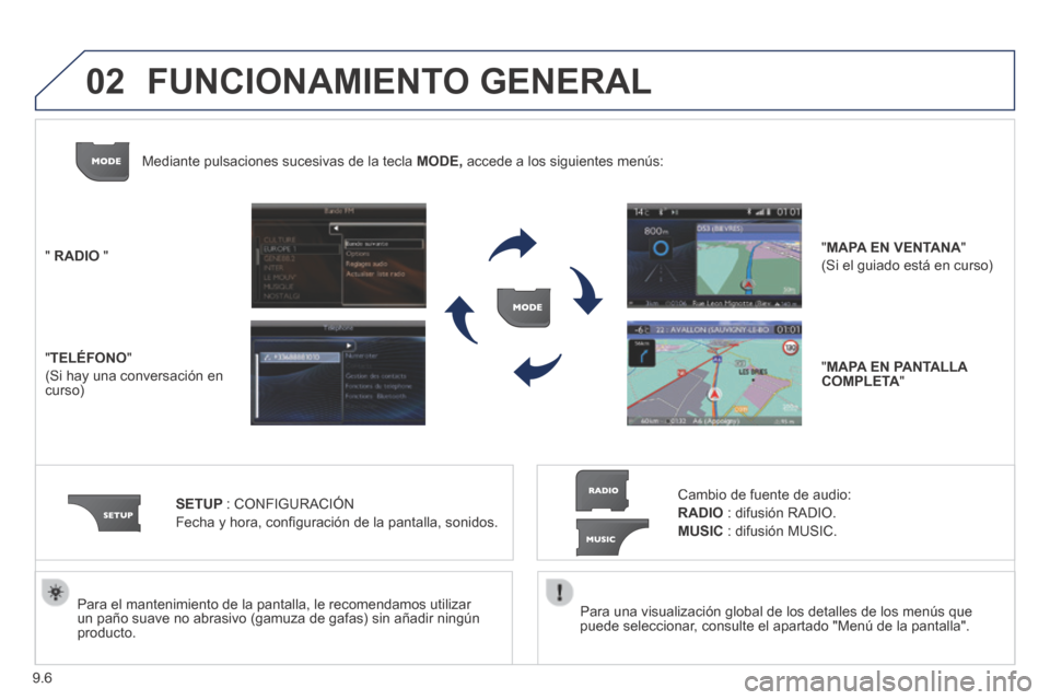 Peugeot Partner Tepee 2014  Manual del propietario (in Spanish) 9.6
02
  Para una visualización global de los detalles de los menús que puede seleccionar, consulte el apartado "Menú de la pantalla".   
  Para el mantenimiento de la pantalla, le recomendamos uti