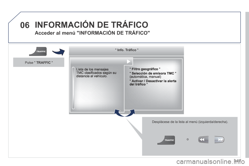 Peugeot Partner Tepee 2014  Manual del propietario (in Spanish) 9.23
06 INFORMACIÓN DE TRÁFICO 
  Acceder al menú "INFORMACIÓN DE TRÁFICO" 
  Lista de los mensajes TMC clasiﬁ cados según su distancia al vehículo.  
  Desplácese de la lista al menú (izqu