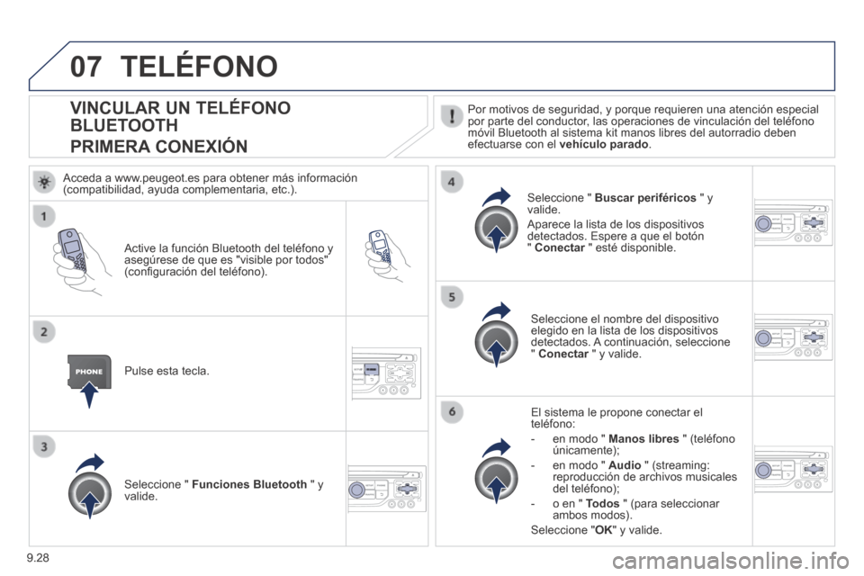 Peugeot Partner Tepee 2014  Manual del propietario (in Spanish) 9.28
07
            VINCULAR  UN  TELÉFONO 
BLUETOOTH  
PRIMERA CONEXIÓN 
  Por motivos de seguridad, y porque requieren una atención especial por parte del conductor, las operaciones de vinculaci