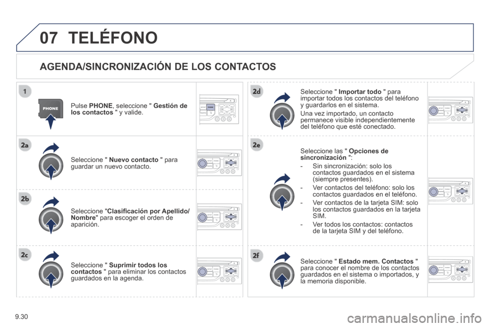 Peugeot Partner Tepee 2014  Manual del propietario (in Spanish) 9.30
07 TELÉFONO 
  AGENDA/SINCRONIZACIÓN DE LOS CONTACTOS 
  Pulse   PHONE , seleccione "  Gestión de los contactos  " y valide.  
  Seleccione  "   Nuevo contacto  " para guardar un nuevo contact