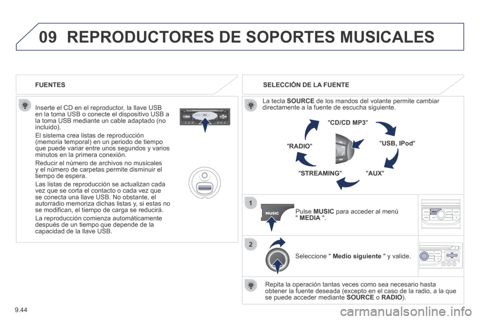 Peugeot Partner Tepee 2014  Manual del propietario (in Spanish) 9.44
09 REPRODUCTORES DE SOPORTES MUSICALES 
  Inserte el CD en el reproductor, la llave USB en la toma USB o conecte el dispositivo USB a la toma USB mediante un cable adaptado (no incluido). 
 El si