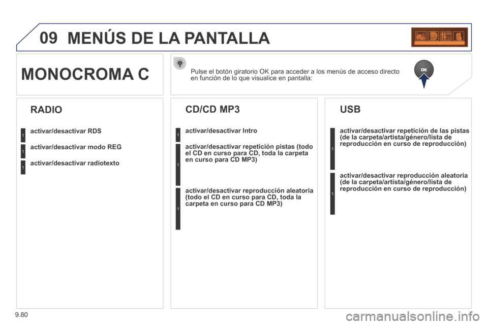Peugeot Partner Tepee 2014  Manual del propietario (in Spanish) 9.80
09 MENÚS DE LA PANTALLA 
  Pulse el botón giratorio OK para acceder a los menús de acceso dir\
ecto en función de lo que visualice en pantalla:           MONOCROMA  C 
activar/desactivar RDS
