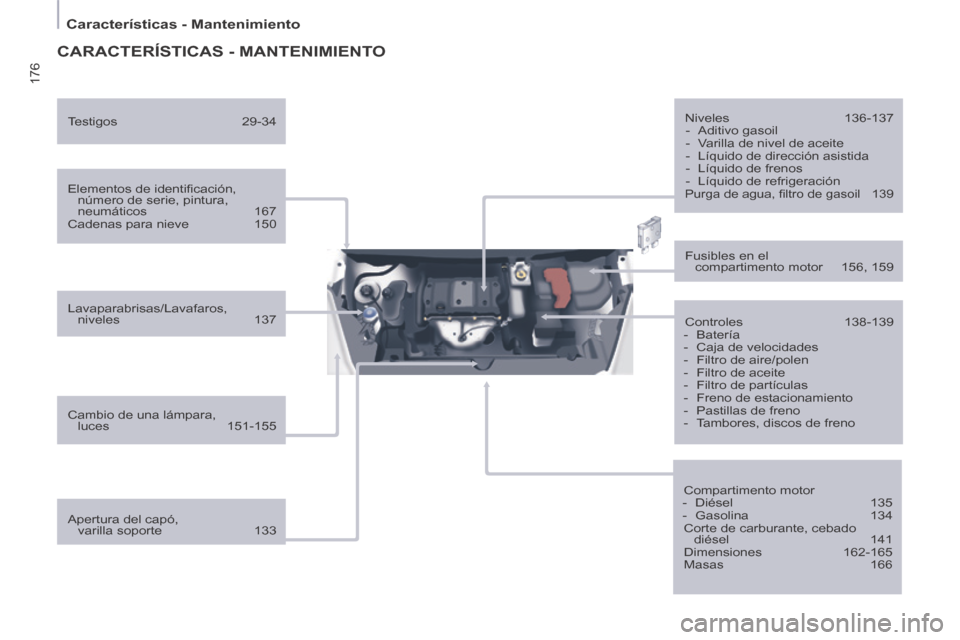 Peugeot Partner Tepee 2014  Manual del propietario (in Spanish) 176
   Características  -  Mantenimiento   
 CARACTERÍSTICAS  -  MANTENIMIENTO  
  Elementos de identiﬁ cación, número de serie, pintura, 
neumáticos 167 
 Cadenas  para  nieve  150  
  Lavapar