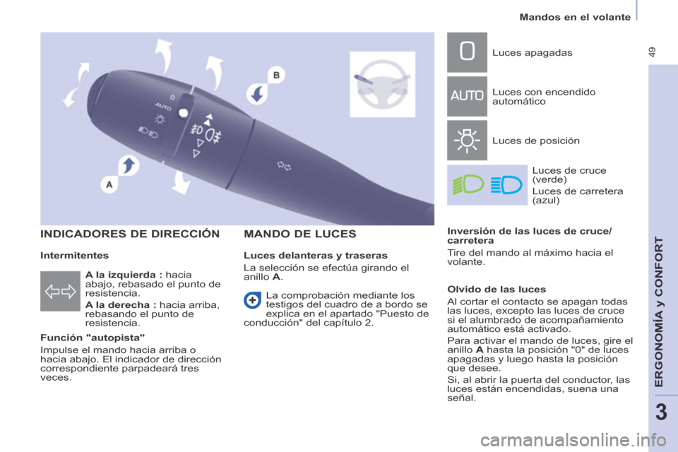 Peugeot Partner Tepee 2014  Manual del propietario (in Spanish)  49
   Mandos  en  el  volante   
ERGONOMÍA
 y C
ERGONOMÍA
 y C
ERGONOMÍA
ONFORT
3
    INDICADORES  DE  DIRECCIÓN 
  Función  "autopista" 
 Impulse el mando hacia arriba o 
hacia abajo. El indica
