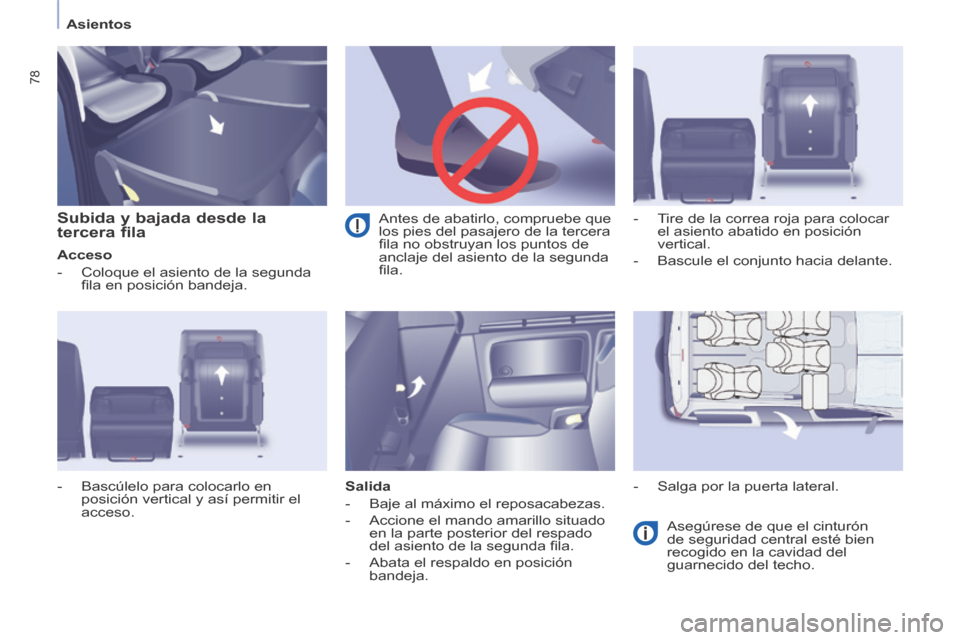 Peugeot Partner Tepee 2014  Manual del propietario (in Spanish)    Asientos   
78
  Subida y bajada desde la 
tercera fila 
  Acceso 
   -   Coloque el asiento de la segunda ﬁ la en posición bandeja. 
  Salida 
   -   Baje  al  máximo  el  reposacabezas. 
  - 