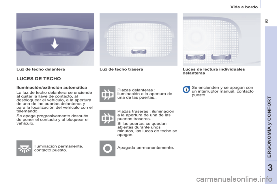 Peugeot Partner Tepee 2014  Manual del propietario (in Spanish)    Vida  a  bordo   
 93
ERGONOMÍA
 y C
ERGONOMÍA
 y C
ERGONOMÍA
ONFORT
3
  Iluminación/extinción  automática 
 La luz de techo delantera se enciende 
al quitar la llave de contacto, al 
desbloq