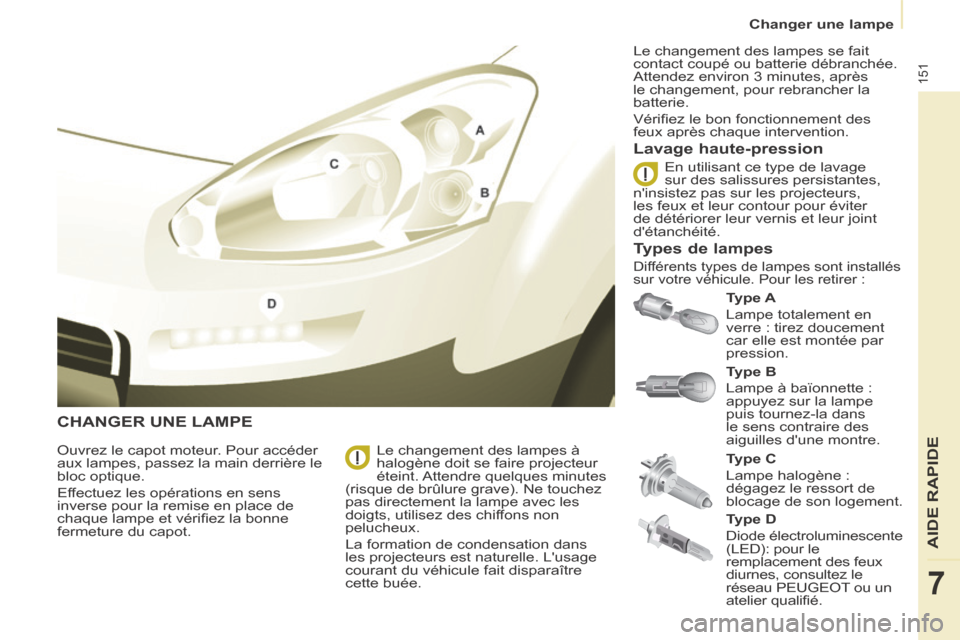 Peugeot Partner Tepee 2014 Manuel du propriétaire (in French) 151
AIDE RAPIDE
7
Changer une lampe
CHANGER UNE LAMPE
Type A
Lampe totalement en
verre : tirez doucement
car elle est montée par
pression.
Lavage haute-pression
Ouvrez le capot moteu Peugeot Partner Tepee 2014 Manuel du propriétaire (in French) 151
AIDE RAPIDE
7
Changer une lampe
CHANGER UNE LAMPE
Type A
Lampe totalement en
verre : tirez doucement
car elle est montée par
pression.
Lavage haute-pression
Ouvrez le capot moteu
