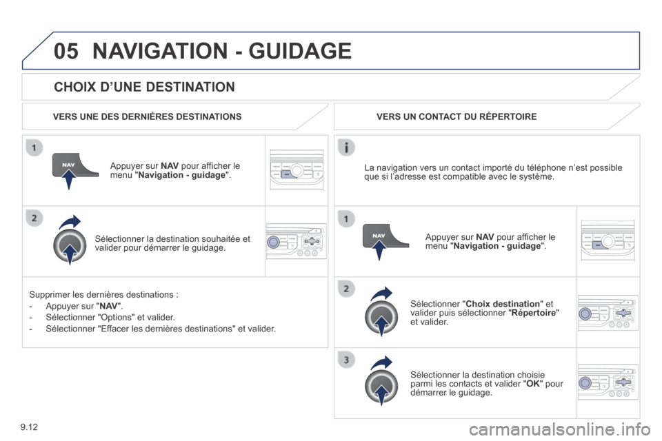 Peugeot Partner Tepee 2014  Manuel du propriétaire (in French) 9.12
05
  CHOIX  D’UNE  DESTINATION 
 NAVIGATION - GUIDAGE 
  VERS UNE DES DERNIÈRES DESTINATIONS  
  Appuyer  sur   N AV  pour afﬁ cher le menu " Navigation - guidage ".  
  Sélectionner la des