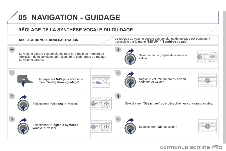 Peugeot Partner Tepee 2014  Manuel du propriétaire (in French) 9.21
05 NAVIGATION - GUIDAGE 
  Appuyer  sur   N AV  pour afﬁ cher le menu " Navigation - guidage ".  
RÉGLAGE DE LA SYNTHÈSE VOCALE DU GUIDAGE 
  Sélectionner  " Options "  et  valider.  
  RÉG