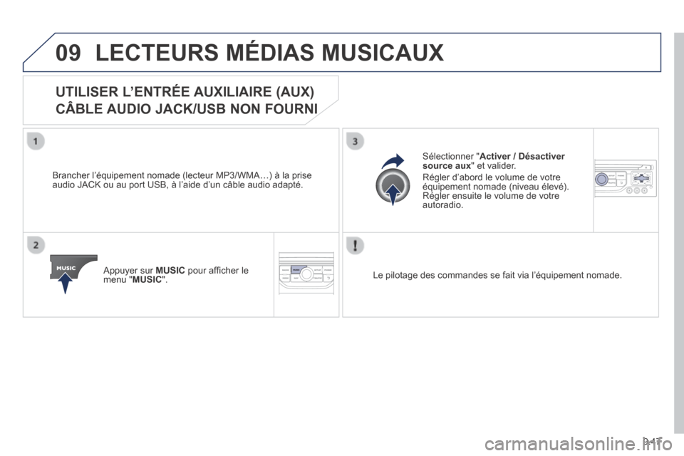 Peugeot Partner Tepee 2014  Manuel du propriétaire (in French) 9.47
09 LECTEURS MÉDIAS MUSICAUX 
UTILISER L’ENTRÉE AUXILIAIRE (AUX)  
CÂBLE AUDIO JACK/USB NON FOURNI 
  Brancher l’équipement nomade (lecteur MP3/WMA…) à la prise audio JACK ou au port US