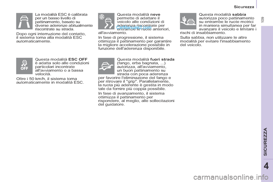 Peugeot Partner Tepee 2014 Manuale del proprietario (in Italian) 109
Sicurezza
SICUREZZA
4
La modalità ESC è calibrata
per un basso livello di
pattinamento, basato su
diverse aderenze abitualmente
riscontrate su strada.
Dopo ogni interruzione del c Peugeot Partner Tepee 2014 Manuale del proprietario (in Italian) 109
Sicurezza
SICUREZZA
4
La modalità ESC è calibrata
per un basso livello di
pattinamento, basato su
diverse aderenze abitualmente
riscontrate su strada.
Dopo ogni interruzione del c