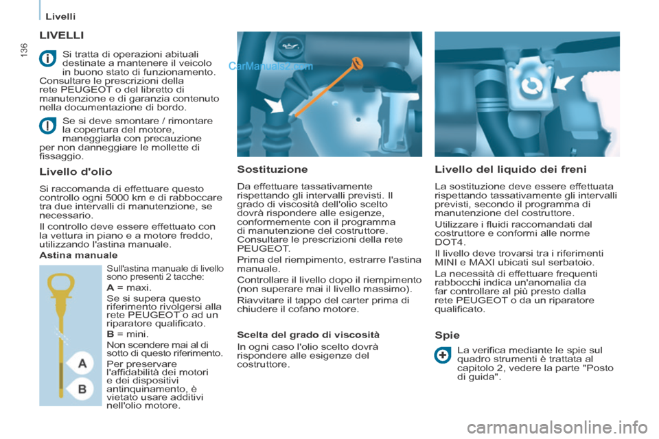 Peugeot Partner Tepee 2014 Manuale del proprietario (in Italian) Livelli
136
LIVELLI
Sostituzione
Da effettuare tassativamente
rispettando gli intervalli previsti. Il
grado di viscosità dellolio scelto
dovrà rispondere alle esigenze,
confor Peugeot Partner Tepee 2014 Manuale del proprietario (in Italian) Livelli
136
LIVELLI
Sostituzione
Da effettuare tassativamente
rispettando gli intervalli previsti. Il
grado di viscosità dellolio scelto
dovrà rispondere alle esigenze,
confor