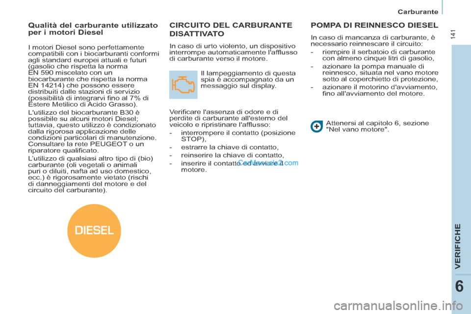 Peugeot Partner Tepee 2014 Manuale del proprietario (in Italian) DIESEL
Carburante
141
VERIFICHE
6
CIRCUITO DEL CARBURANTE
DISATTIVATO
In caso di urto violento, un dispositivo
interrompe automaticamente laffl usso
di carburante verso il motore. Il l Peugeot Partner Tepee 2014 Manuale del proprietario (in Italian) DIESEL
Carburante
141
VERIFICHE
6
CIRCUITO DEL CARBURANTE
DISATTIVATO
In caso di urto violento, un dispositivo
interrompe automaticamente laffl usso
di carburante verso il motore. Il l