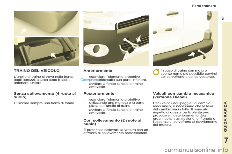 Peugeot Partner Tepee 2014 Manuale del proprietario (in Italian) Farsi trainare
161
GUIDA RAPIDA
7
Senza sollevamento (4 ruote al
suolo)
Utilizzare sempre una barra di traino.
TRAINO DEL VEICOLO
Lanello di traino si trova nella borsa
degli attrez Peugeot Partner Tepee 2014 Manuale del proprietario (in Italian) Farsi trainare
161
GUIDA RAPIDA
7
Senza sollevamento (4 ruote al
suolo)
Utilizzare sempre una barra di traino.
TRAINO DEL VEICOLO
Lanello di traino si trova nella borsa
degli attrez
