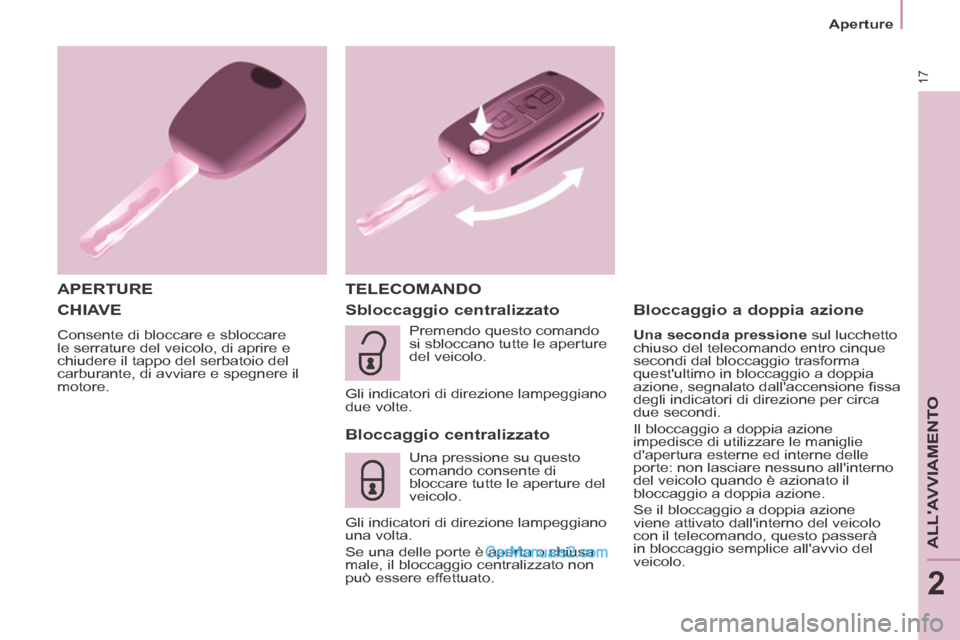 Peugeot Partner Tepee 2014 Manuale del proprietario (in Italian) 17
Aperture
ALLAVVIAMENTO
2
CHIAVE
Consente di bloccare e sbloccare
le serrature del veicolo, di aprire e
chiudere il tappo del serbatoio del
carburante, di avviare e spegnere il
motore. Peugeot Partner Tepee 2014 Manuale del proprietario (in Italian) 17
Aperture
ALLAVVIAMENTO
2
CHIAVE
Consente di bloccare e sbloccare
le serrature del veicolo, di aprire e
chiudere il tappo del serbatoio del
carburante, di avviare e spegnere il
motore.