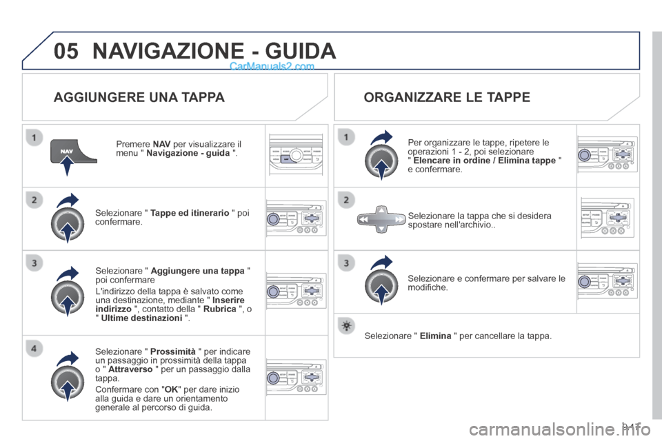 Peugeot Partner Tepee 2014  Manuale del proprietario (in Italian) 9.17
05 NAVIGAZIONE - GUIDA 
  AGGIUNGERE  UNA  TAPPA 
  Premere   N AV  per visualizzare il menu "  Navigazione - guida   ".  
  Selezionare  "   Tappe ed itinerario  " poi confermare.  
  Selezionar