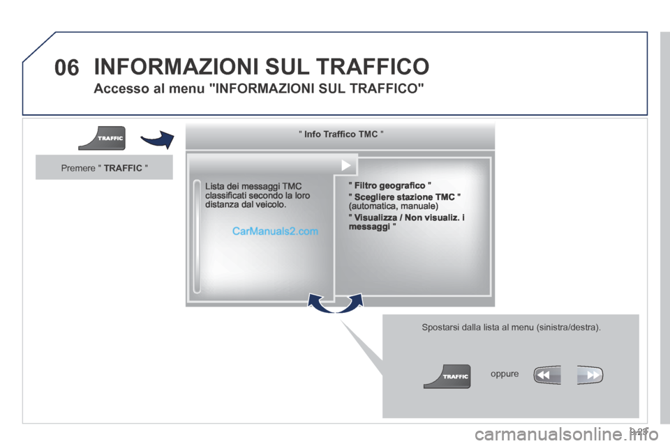Peugeot Partner Tepee 2014  Manuale del proprietario (in Italian) 9.23
06 INFORMAZIONI SUL TRAFFICO 
  Accesso al menu "INFORMAZIONI SUL TRAFFICO" 
  Lista  dei  messaggi  TMC classiﬁ cati secondo la loro distanza dal veicolo.  
  Spostarsi dalla lista al menu (si