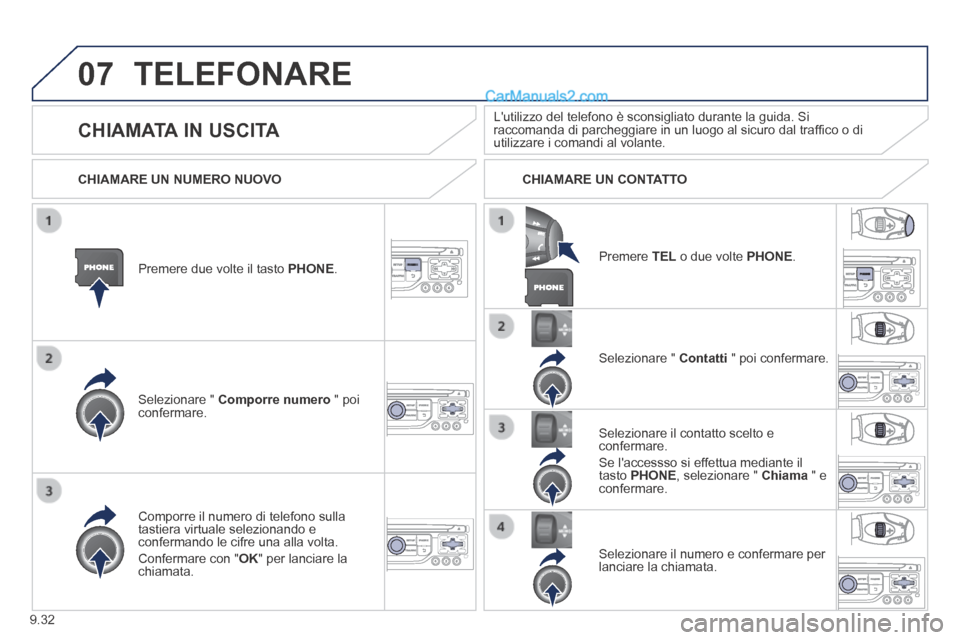 Peugeot Partner Tepee 2014  Manuale del proprietario (in Italian) 9.32
07 TELEFONARE 
  Premere due volte il tasto PHONE.  
  Selezionare  "   Comporre numero  " poi confermare.  
  Selezionare  "   Contatti  " poi confermare.  
  Comporre il numero di telefono sull