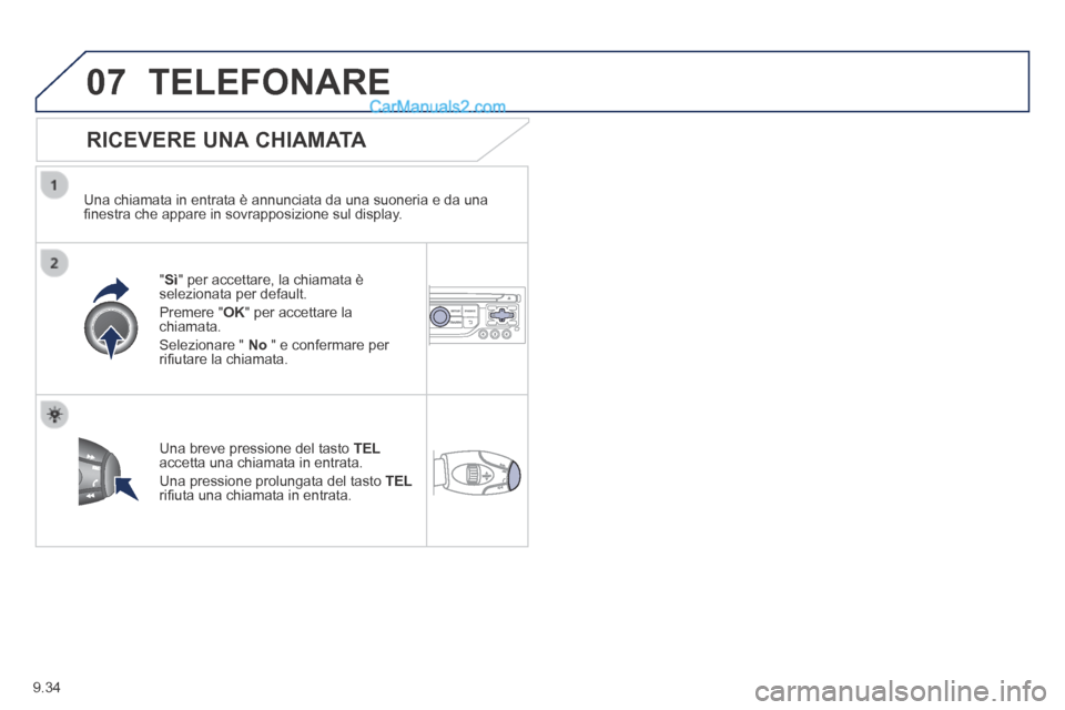 Peugeot Partner Tepee 2014  Manuale del proprietario (in Italian) 9.34
07 TELEFONARE 
  RICEVERE  UNA  CHIAMATA 
  Una chiamata in entrata è annunciata da una suoneria e da una ﬁ nestra che appare in sovrapposizione sul display.  
  "Sì" per accettare, la chiama