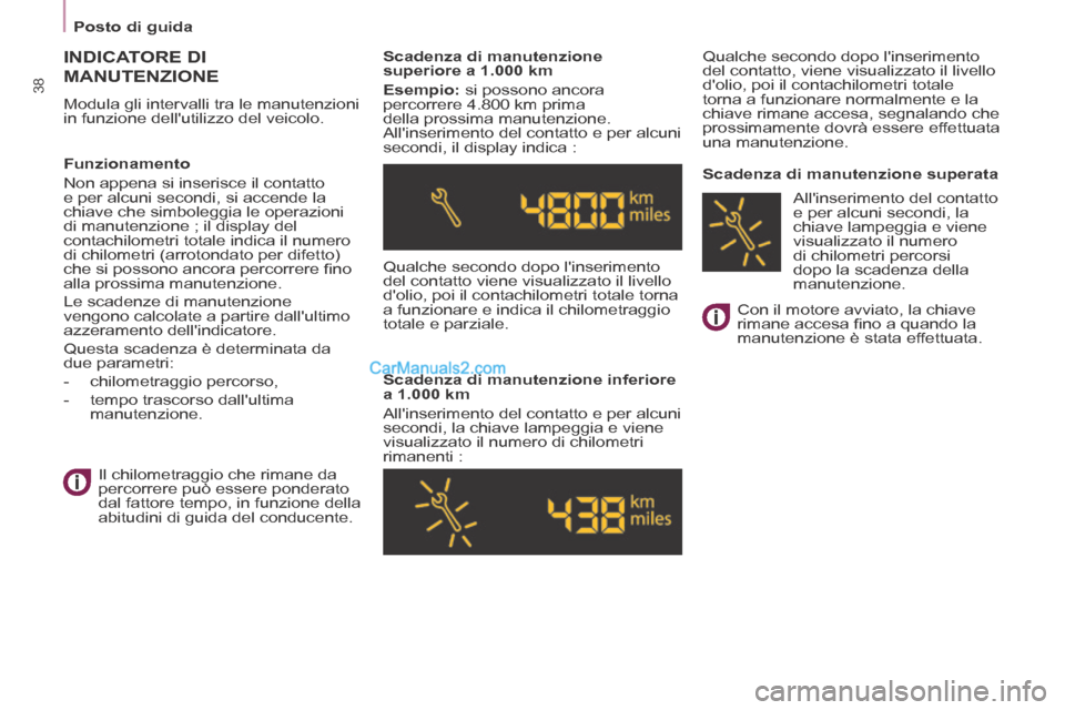 Peugeot Partner Tepee 2014 Manuale del proprietario (in Italian) Posto di guida
38
INDICATORE DI
MANUTENZIONE
Modula gli intervalli tra le manutenzioni
in funzione dellutilizzo del veicolo. Scadenza di manutenzione
superiore a 1.000 km
Esemp Peugeot Partner Tepee 2014 Manuale del proprietario (in Italian) Posto di guida
38
INDICATORE DI
MANUTENZIONE
Modula gli intervalli tra le manutenzioni
in funzione dellutilizzo del veicolo. Scadenza di manutenzione
superiore a 1.000 km
Esemp