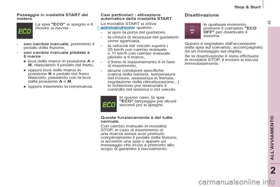Peugeot Partner Tepee 2014 Manuale del proprietario (in Italian) 2
Stop & Start
45
ALLAVVIAMENTO
222
Passaggio in modalità START del
motore La spia "ECO" si spegne e il
motore si riavvia :
- con cambio manuale , premendo il pedale della fri Peugeot Partner Tepee 2014 Manuale del proprietario (in Italian) 2
Stop & Start
45
ALLAVVIAMENTO
222
Passaggio in modalità START del
motore La spia "ECO" si spegne e il
motore si riavvia :
- con cambio manuale , premendo il pedale della fri