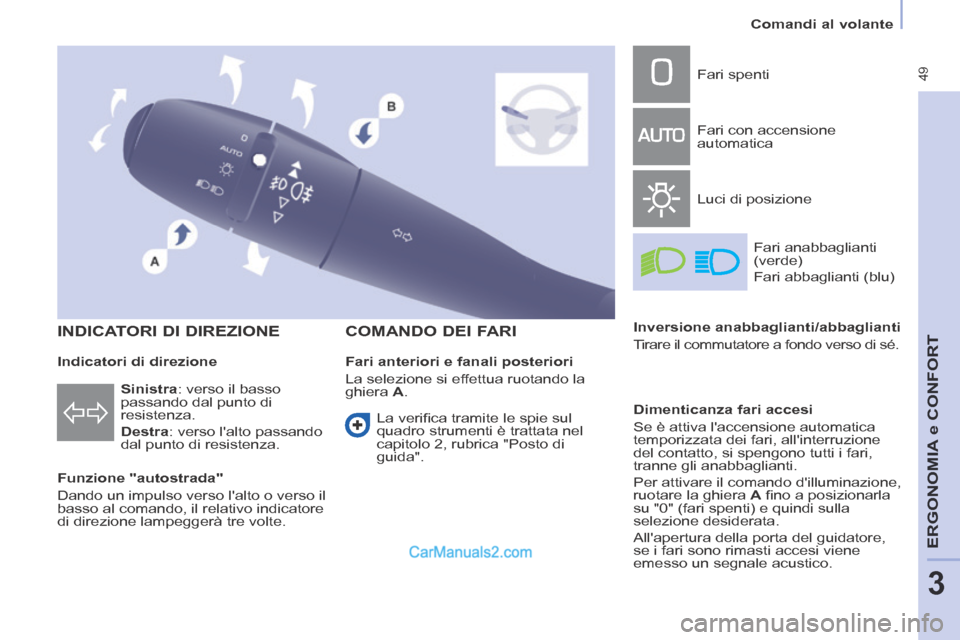 Peugeot Partner Tepee 2014 Manuale del proprietario (in Italian) 49
Comandi al volante
ERGONOMIA
e C
ERGONOMIA
e C
ERGONOMIA
ONFORT
3
INDICATORI DI DIREZIONE
Funzione "autostrada"
Dando un impulso verso lalto o verso il
basso al comando, il Peugeot Partner Tepee 2014 Manuale del proprietario (in Italian) 49
Comandi al volante
ERGONOMIA
e C
ERGONOMIA
e C
ERGONOMIA
ONFORT
3
INDICATORI DI DIREZIONE
Funzione "autostrada"
Dando un impulso verso lalto o verso il
basso al comando, il