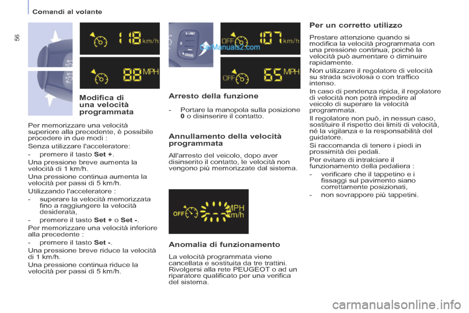 Peugeot Partner Tepee 2014 Manuale del proprietario (in Italian) 56
Comandi al volante
Modifica di
una velocità
programmata Arresto della funzione
Anomalia di funzionamento
La velocità programmata viene
cancellata e sostituita da tre trat Peugeot Partner Tepee 2014 Manuale del proprietario (in Italian) 56
Comandi al volante
Modifica di
una velocità
programmata Arresto della funzione
Anomalia di funzionamento
La velocità programmata viene
cancellata e sostituita da tre trat