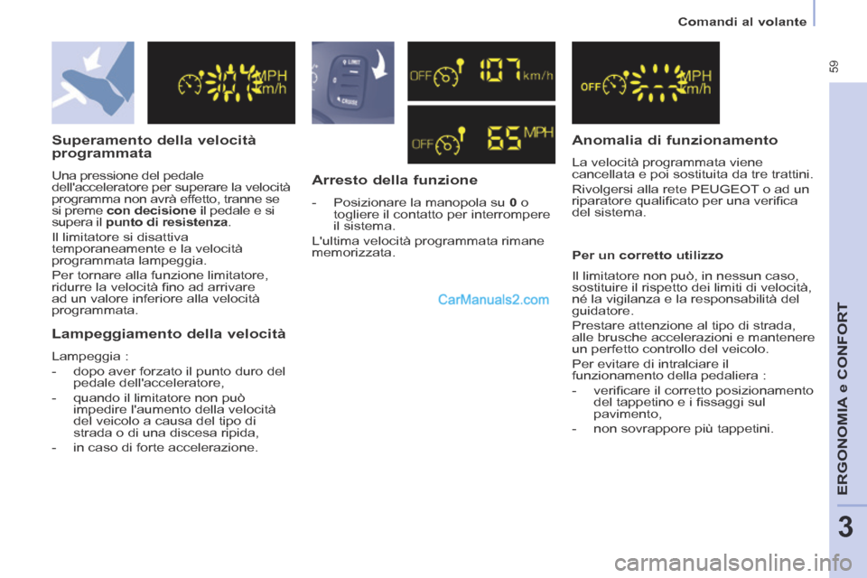 Peugeot Partner Tepee 2014 Manuale del proprietario (in Italian) 59
Comandi al volante
ERGONOMIA
e C
ERGONOMIA
e C
ERGONOMIA
ONFORT
3
Superamento della velocità
programmata
Una pressione del pedale
dellacceleratore per superare la velocità
pr Peugeot Partner Tepee 2014 Manuale del proprietario (in Italian) 59
Comandi al volante
ERGONOMIA
e C
ERGONOMIA
e C
ERGONOMIA
ONFORT
3
Superamento della velocità
programmata
Una pressione del pedale
dellacceleratore per superare la velocità
pr