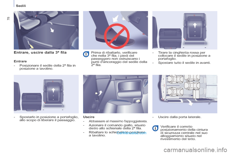 Peugeot Partner Tepee 2014  Manuale del proprietario (in Italian)    Sedili   
78
  Entrare, uscire dalla 3ª fila 
  Entrare 
   -   Posizionare il sedile della 2ª ﬁ la in posizione a tavolino. 
  Uscire 
   -   Abbassare  al  massimo  lappoggiatesta. 
  -   Az