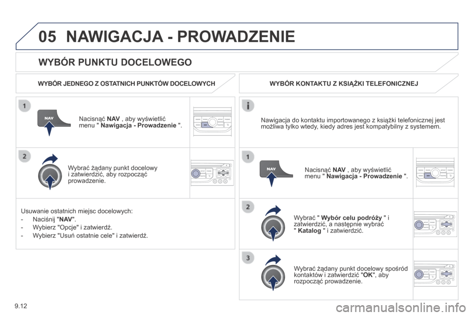 Peugeot Partner Tepee 2014  Instrukcja Obsługi (in Polish) 9.12
05
  WYBÓR PUNKTU DOCELOWEGO 
 NAWIGACJA - PROWADZENIE 
  WYBÓR JEDNEGO Z OSTATNICH PUNKTÓW DOCELOWYCH  
  Nacisnąć  N AV  , aby wyświetlić menu "  Nawigacja - Prowadzenie  ".  
  Wybrać 