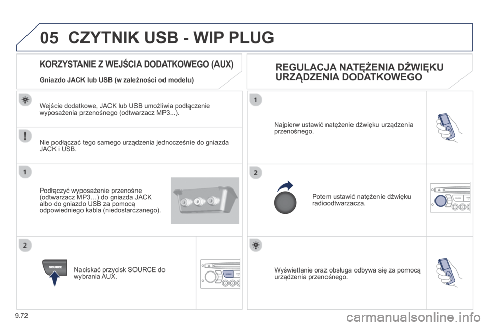 Peugeot Partner Tepee 2014  Instrukcja Obsługi (in Polish) 9.72
05
 Wyświetlanie oraz obsługa odbywa się za pomocą urządzenia przenośnego.  
 Najpierw ustawić natężenie dźwięku urządzenia przenośnego. 
 Potem ustawić natężenie dźwięku radioo