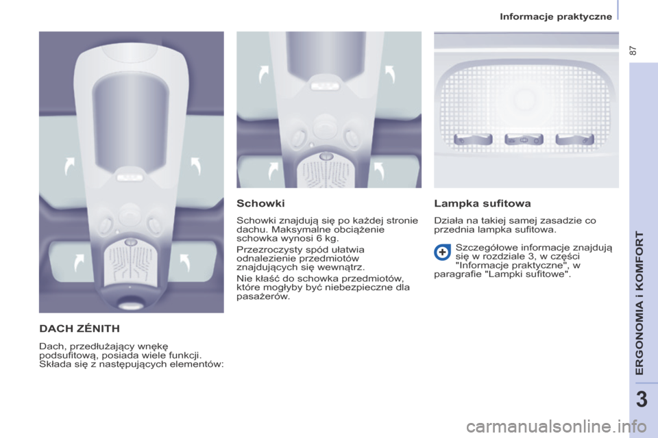 Peugeot Partner Tepee 2014  Instrukcja Obsługi (in Polish)    Informacje praktyczne   
 87
ERGONOMIA
 i K
ERGONOMIA
 i K
ERGONOMIA
OMFORT
3
     DACH  ZÉNITH 
 Dach, przedłużający wnękę 
podsuﬁ tową, posiada wiele funkcji. 
Składa się z następują