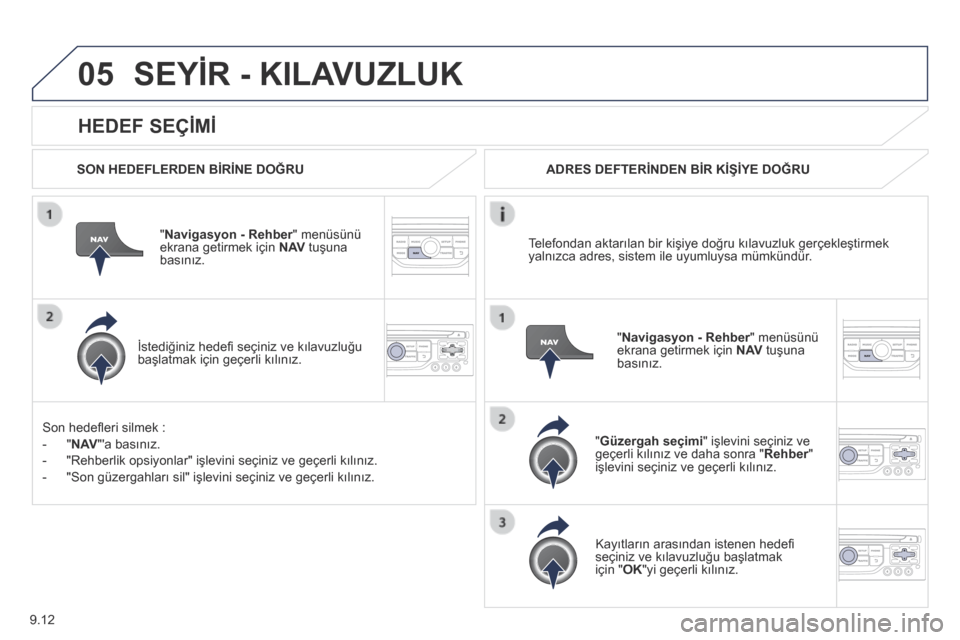 Peugeot Partner Tepee 2014  Kullanım Kılavuzu (in Turkish) 9.12
05
  HEDEF SEÇİMİ 
 SEYİR - KILAVUZLUK 
  SON HEDEFLERDEN BİRİNE DOĞRU  
  "  Navigasyon - Rehber " menüsünü Navigasyon - Rehber " menüsünü Navigasyon - Rehberekrana getirmek için  