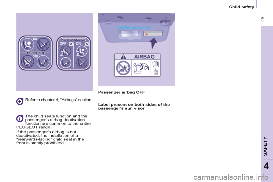 Peugeot Partner Tepee 2013  Owners Manual - RHD (UK, Australia)  11 9
SAFETY
4
 11 9
Child safety
   
Refer to chapter 4, "Airbags" section.  
   
The child seats function and the 
passengers airbag deativation 
function are common to the entire 
PEUGEOT range. 
