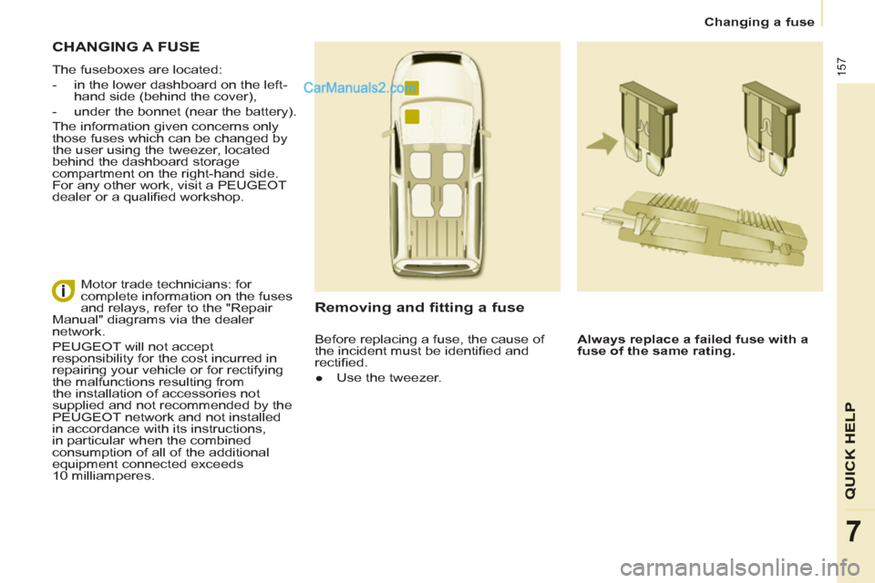 Peugeot Partner Tepee 2013  Owners Manual - RHD (UK, Australia) 157
QUICK HELP
7
   
 
Changing a fuse  
 
 
CHANGING A FUSE 
 
The fuseboxes are located: 
   
 
-   in the lower dashboard on the left-
hand side (behind the cover), 
   
-   under the bonnet (near 