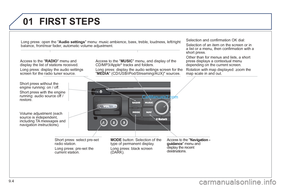 Peugeot Partner Tepee 2013 Owners Manual - RHD (UK, Australia) 9.4
01 FIRST STEPS
Access to the "Navigation - guidance
" menu anddisplay the recentdestinations.
Short
press without the engine running: on / off.
Short press with the engine
running: audio so Peugeot Partner Tepee 2013 Owners Manual - RHD (UK, Australia) 9.4
01 FIRST STEPS
Access to the "Navigation - guidance
" menu anddisplay the recentdestinations.
Short
press without the engine running: on / off.
Short press with the engine
running: audio so