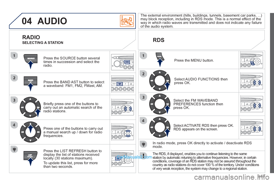 Peugeot Partner Tepee 2013 Owners Manual - RHD (UK, Australia) 9.67
04 AUDIO
Press the SOURCE button several
times in succession and select theradio.
Press the BAND A
ST button to select
a waveband: FM1, FM2, FMast, AM.
Briefl
y press one of t Peugeot Partner Tepee 2013 Owners Manual - RHD (UK, Australia) 9.67
04 AUDIO
Press the SOURCE button several
times in succession and select theradio.
Press the BAND A
ST button to select
a waveband: FM1, FM2, FMast, AM.
Briefl
y press one of t
