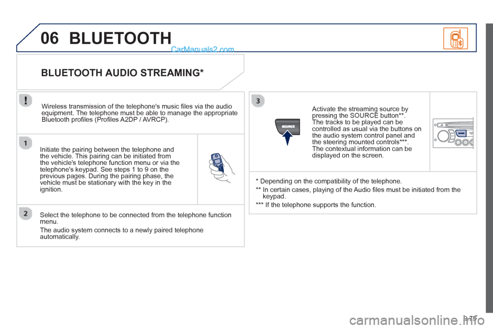 Peugeot Partner Tepee 2013 Owners Manual - RHD (UK, Australia) 9.75
06
Initiate the pairing between the telephone and
the vehicle. This pairing can be initiated from
the vehicles telephone function menu or via the
telephones ke
ypad. See steps 1 to 9 on t Peugeot Partner Tepee 2013 Owners Manual - RHD (UK, Australia) 9.75
06
Initiate the pairing between the telephone and
the vehicle. This pairing can be initiated from
the vehicles telephone function menu or via the
telephones ke
ypad. See steps 1 to 9 on t