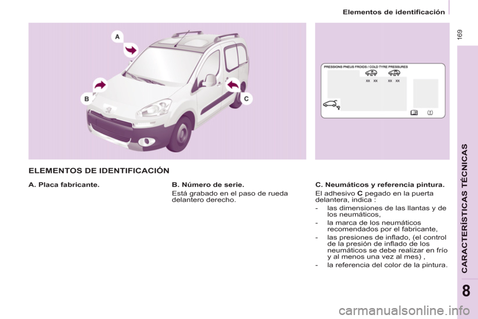 Peugeot Partner Tepee 2013  Manual del propietario (in Spanish)  16
9
CARACTERÍSTICAS TÉCNICA
S
8
   
 
Elementos de identificación  
 
 
ELEMENTOS DE IDENTIFICACIÓN
 
 
A. Placa fabricante.    
C. Neumáticos y referencia pintura. 
  El adhesivo  C 
 pegado e