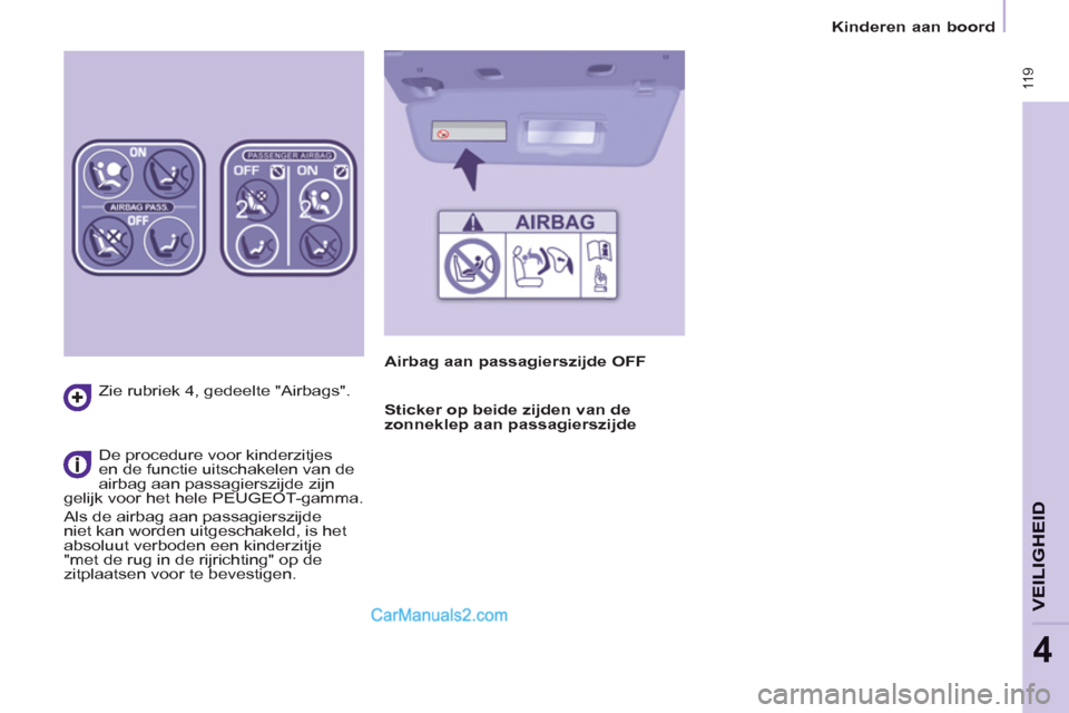 Peugeot Partner Tepee 2013  Handleiding (in Dutch)  11 9
VEILIGHEID
4
 11 9
   
 
Kinderen aan boord  
 
   
Zie rubriek 4, 
gedeelte "Airbags".  
   
De procedure voor kinderzitjes 
en de functie uitschakelen van de 
airbag aan passagierszijde zijn 

