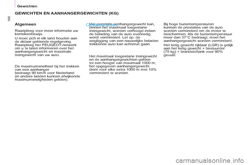 Peugeot Partner Tepee 2013  Handleiding (in Dutch) 168
Gewichten
  GEWICHTEN EN AANHANGERGEWICHTEN (KG) 
   
Algemeen 
 
Raadpleeg voor meer informatie uw 
kentekenbewijs. 
  U moet zich in elk land houden aan 
de aldaar geldende regelgeving. 
Raadple