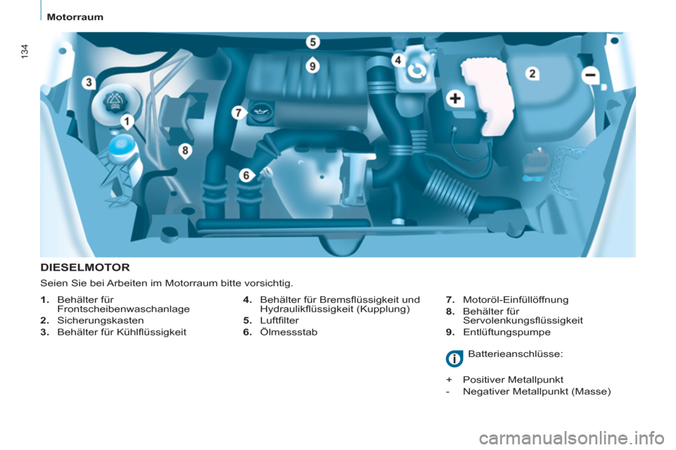 Peugeot Partner Tepee 2012  Betriebsanleitung (in German) 134
   
 
 
Motorraum  
 
 
 
 
DIESELMOTOR 
 
 
4.   Behälter für Bremsﬂ üssigkeit und 
Hydraulikﬂ üssigkeit (Kupplung) 
   
5.  Luftﬁ lter 
   
6.  Ölmessstab    
7.  Motoröl-Einfüllöf