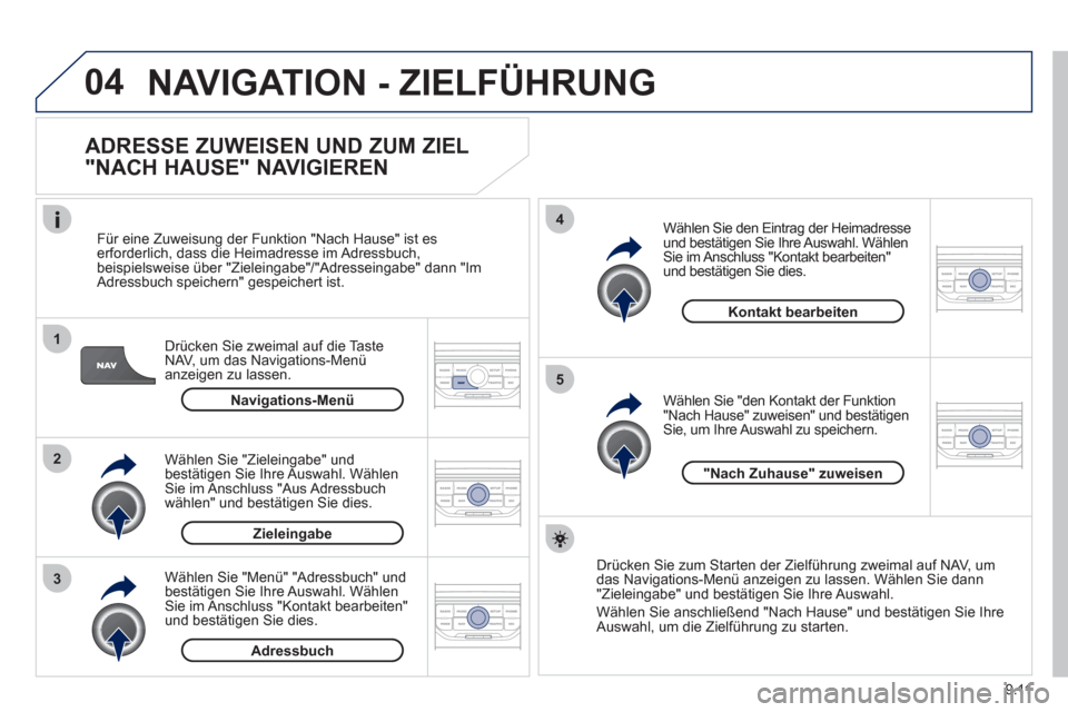 Peugeot Partner Tepee 2012 Betriebsanleitung (in German) 04
1
2
3
5
4
9.11
NAVIGATION - ZIELFÜHRUNG
ADRESSE ZUWEISEN UND ZUM ZIEL
"NACH HAUSE" NAVIGIEREN
Drücken Sie zweimal auf die Taste
NAV, um das Navigations-Menü anzeigen zu lassen.
F
ü Peugeot Partner Tepee 2012 Betriebsanleitung (in German) 04
1
2
3
5
4
9.11
NAVIGATION - ZIELFÜHRUNG
ADRESSE ZUWEISEN UND ZUM ZIEL
"NACH HAUSE" NAVIGIEREN
Drücken Sie zweimal auf die Taste
NAV, um das Navigations-Menü anzeigen zu lassen.
F
ü